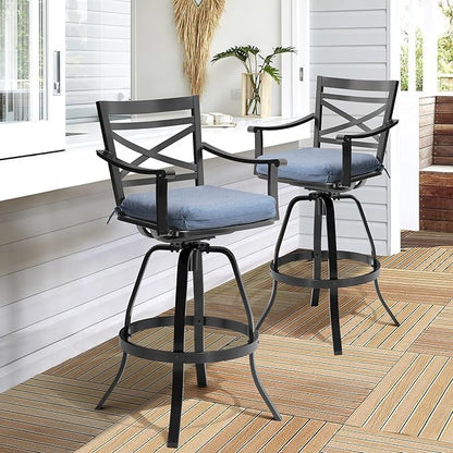 Pellebant 30" Sunbrella Outdoor Bar Stools Set of 2, Aluminum Swivel Patio Bar Height Bar Stools with Back & Footrest, for Deck Lawn Garden(Spectrum Denim)