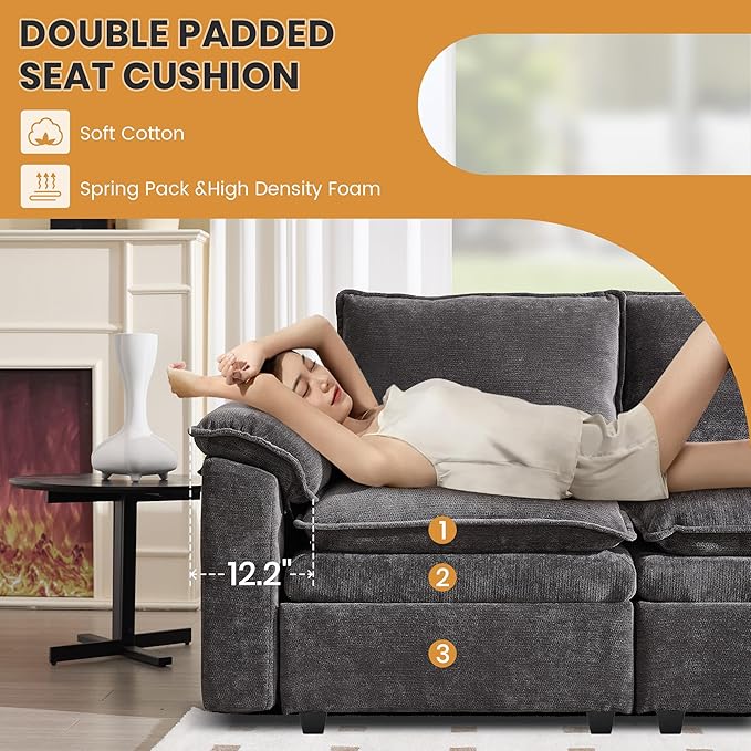130" U Shaped Modular Sectional Sofa, Couch with Ottoman Storage, Chenille Cloud Couch with Plush Deep Seating for Living Room, Bedroom (8 Seat, Grey)