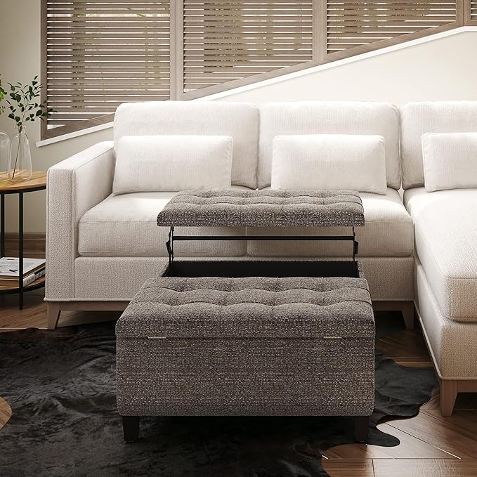 SIMPLIHOME Harrison 36 inch Wide Transitional Square Coffee Table Storage Ottoman in Mink Brown Tweed Look Fabric, Assembled, for the Living Room and Bedroom