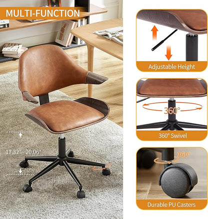 Art Leon Mid Century Desk Chair - Faux Leather Upholstered Swivel Desk Chair, Office Chair with Wheels, Adjustable Height Task Chair with Metal Base, Dark Gray Oak Bentwood, Brown