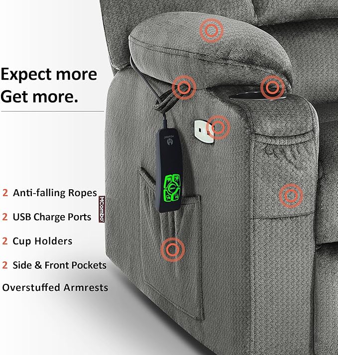 MCombo Oversized Dual Motor Power Lift Recliner Chair Sofa with Massage and Heat for Big Elderly People, Infinite Position, USB Ports, Fabric R7677 (Grey, Medium-Oversize)