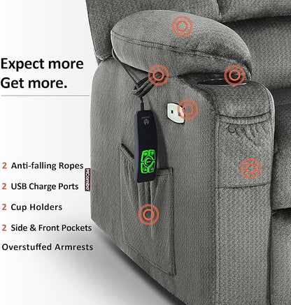 MCombo Oversized Dual Motor Power Lift Recliner Chair Sofa with Massage and Heat for Big Elderly People, Infinite Position, USB Ports, Fabric R7677 (Grey, Medium-Oversize)