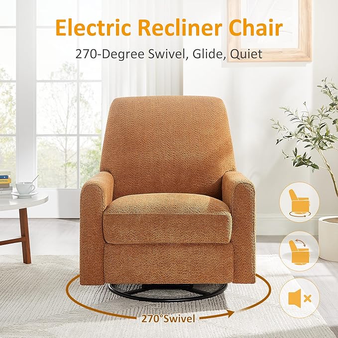 VANOMi Power Swivel Glider Recliner Chair, Electric Nursery Rocker Recliner Chair, USB & Type-C Charger, Boucle Curry