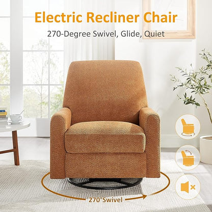 VANOMi Power Swivel Glider Recliner Chair, Electric Nursery Rocker Recliner Chair, USB & Type-C Charger, Boucle Curry
