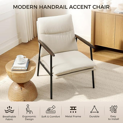 Art Leon Accent Chairs Set of 2-Fabric Side Sitting Chair Solid Accent Chair with Wood Armrests Ergonomic Reading Chair with Metal Frame for Living Room, Bedroom, Guest Room Beige