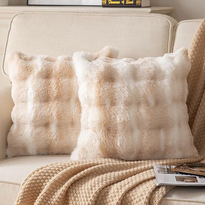 Pack of 2 Thick Plush Throw Pillow Covers Fluffy Wave Faux Fur Decorative Cushion Covers Soft Wool Pillowcase for Sofa Couch Livingroom 24x24 Inch White Beige