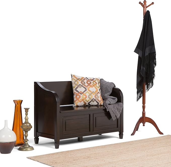 SIMPLIHOME Connaught Entryway Storage Bench - 42 inch Wide Solid Wood Storage Seat in Dark Chestnut Brown, Traditional Bench for Entryway or Living Room with Lift-Up Lid and Elegant Moulding Detail