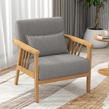Mid-Century Modern Accent Chair, Linen Armchair and Lounge Chair with Lumbar Pillow, Wide Seat & Solid Wood Frame for Living Room, Bedroom or Balcony （Light Gray）