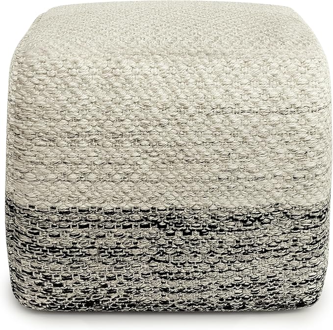 SIMPLIHOME Macie Boho Square Woven Outdoor/ Indoor Pouf in Grey and White Recycled PET Polyester for the Living Room, Bedroom and Kids Room