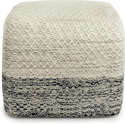 SIMPLIHOME Macie Boho Square Woven Outdoor/ Indoor Pouf in Grey and White Recycled PET Polyester for the Living Room, Bedroom and Kids Room