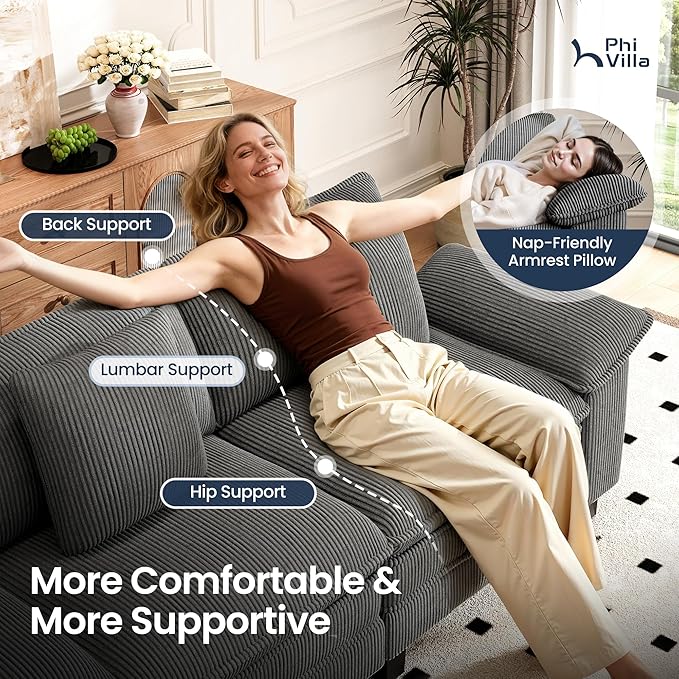 PHI VILLA Indoor Lounge Sofa Chair, One-Person Oversized Sectional Sofa with Ottoman, Single Chaise with Upholstered Deep Seat for Bedroom Reading, Corduroy Fabric, Grey