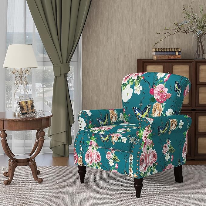 Accent Chair, Upholstered High Back Floral Armchair with Nailhead Trim & Wood Legs, Comfy Wingback Reading Single Sofa Chair for Small Spaces, Living Room, Bedroom (Blue Floral, Set of 2)