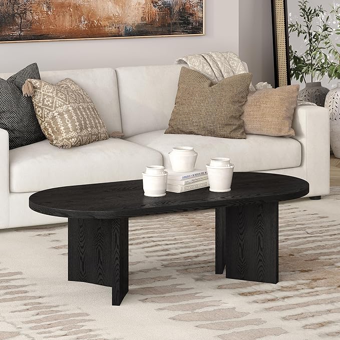 Henn&Hart 48" Oval Wood Low-Profile Coffee Table for Living Room, Family Room or Office, Black Grain