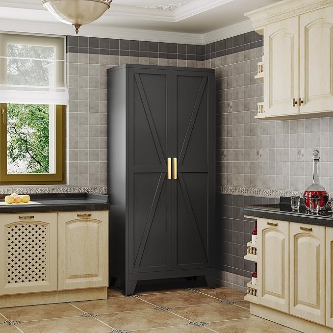 Large Metal Kitchen Pantry Storage Cabinet with Adjustable Shelves - Freestanding Kitchen Storage Cabinet for Dining Room,Livingroom Bathroom, Hallway, Workshop, Office (Black, 71"- 0 drawer)