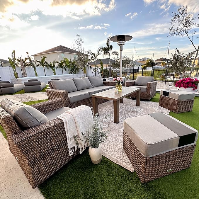 Swivel Glider 6 Piece Outdoor Furniture Set with Swivel Chairs, Wicker Patio Furniture with 4.92" Wide Armrest, 26.3" Deep Seating and 5.5" Thick Cushions, Grey