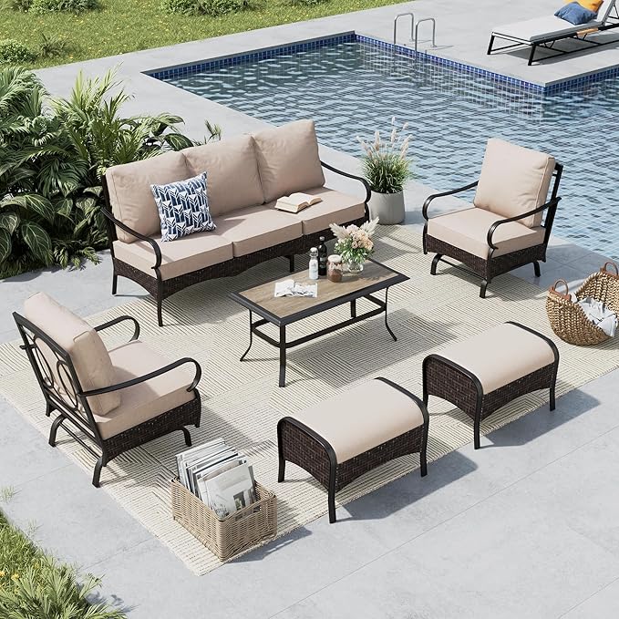 MFSTUDIO 6 PCS Outdoor Patio Furniture Set, Metal Outdoor Conversation Set, Rattan Wicker Patio Sectional Sofa Set with 2 x Rocking Single Sofa, 3-Seat Sofa, 2 x Ottoman, 1 x Coffee Table, Beige
