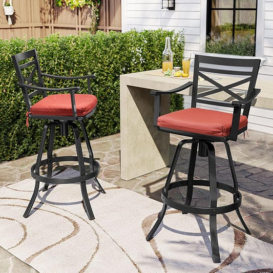 Pellebant 30" Sunbrella Outdoor Bar Stools Set of 2, Aluminum Swivel Patio Bar Height Bar Stools with Back & Footrest, for Deck Lawn Garden(Red)