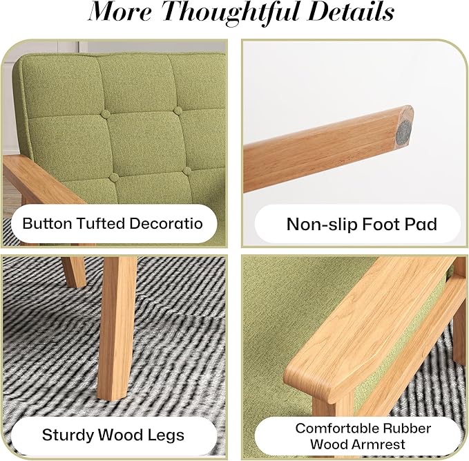 KCC Mid-Century Modern Linen Fabric Accent Chair, Upholstered Tufted Leisure Chair Comfy Reading Side Chair with Armrest and Solid Wood Frame for Living Room Bedroom Balcony(Green)