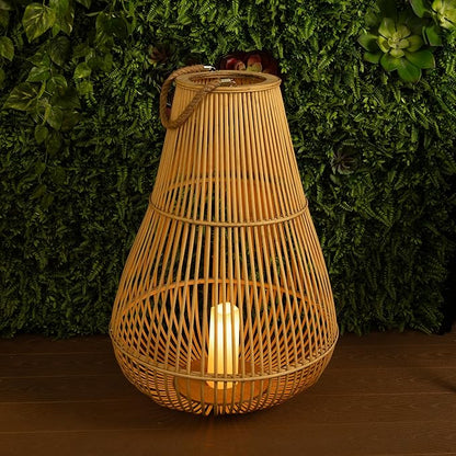 Alpine Corporation IWY108HH-L Outdoor Bamboo Lantern with LED Candle, Brown Finish for Patio and Garden Decor, 33" Tall