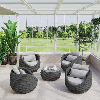 Front Porch Furniture Set: 5 Pieces Woven Rope Patio Conversation Set Aluminum - All Weather Cushioned Outdoor Sofa Set Assembled - Metal Modern Couch Set for 400lbs Deck Garden Poolside Hotel