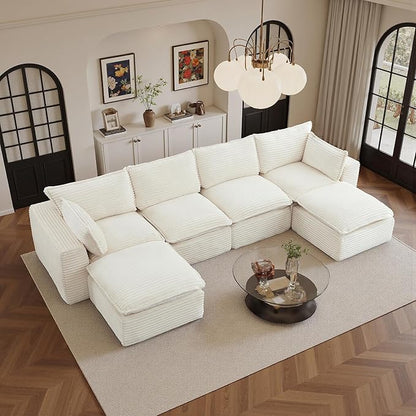 108" Sectional Couches for Living Room Boneless Couch Upholstered Cloud Couch Sectional Modular Sectional Sofa with L Shaped (Corduroy-White, 4 Seat+2 Ottoman)