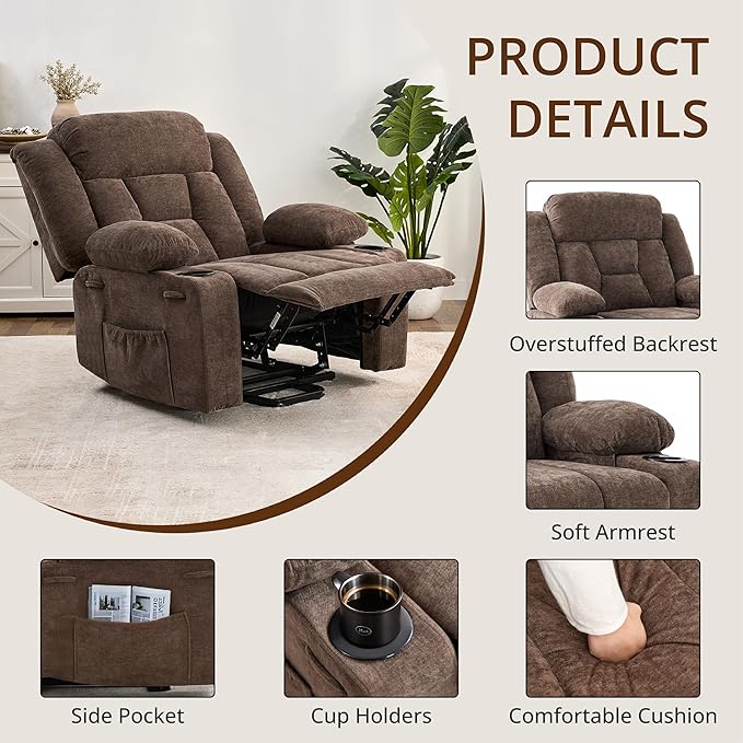 Dual Motor Power Lift Recliner Chair for Elderly, Large Electric Lift Recliner with Massage and Heat, Cup Holders, Side Pocket, Fabric(Brown)