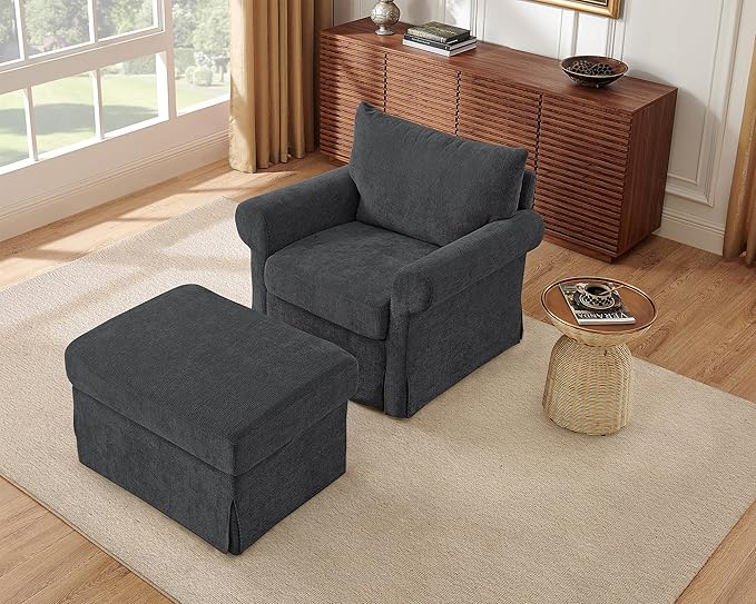 Modern Accent Chairs with Ottoman, Comfy Chenille Reading Armchair with Rolled Arms and Cushion Backrest, 35.8" W Chaise Lounge Chair for Living Room, Bedroom, Study, Apartment, Dark Grey