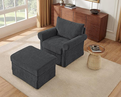 Modern Accent Chairs with Ottoman, Comfy Chenille Reading Armchair with Rolled Arms and Cushion Backrest, 35.8" W Chaise Lounge Chair for Living Room, Bedroom, Study, Apartment, Dark Grey