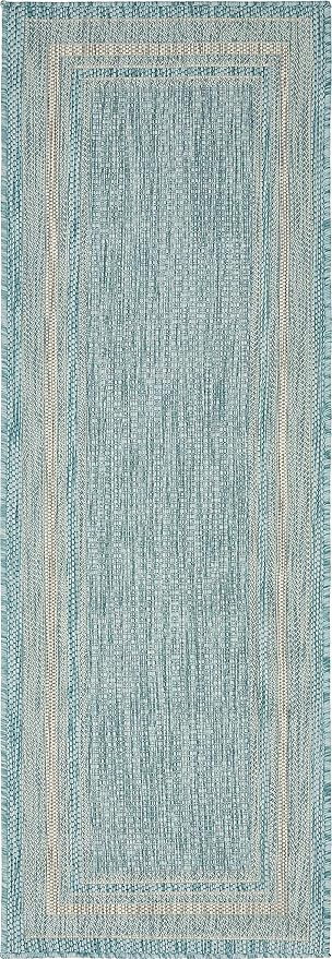 Unique Loom Outdoor Border Collection Area Rug - Soft Border (2'x 6' 1" Runner, Aquamarine/ Ivory)