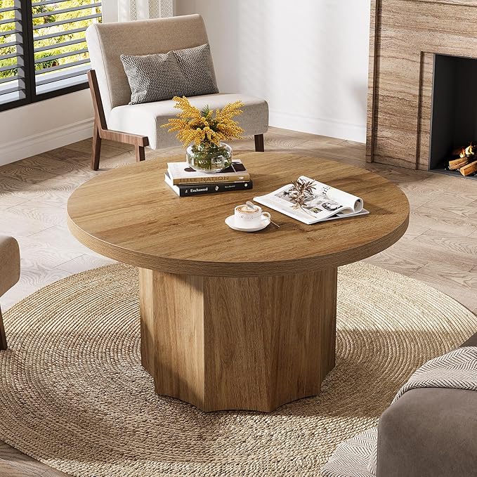 Tribesigns Round Coffee Table, 31.5" Mid Century Modern Center Table with Fluted Base, Farmhouse Wooden Accent Cocktail Tables for Small Space, Living Room, Apartment, Brown