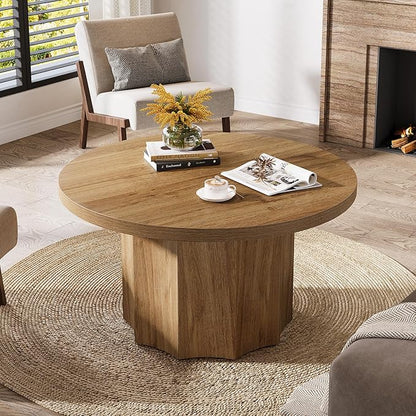 Tribesigns Round Coffee Table, 31.5" Mid Century Modern Center Table with Fluted Base, Farmhouse Wooden Accent Cocktail Tables for Small Space, Living Room, Apartment, Brown