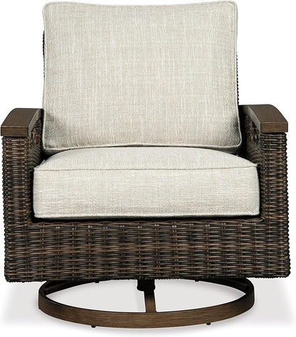 Signature Design by Ashley Paradise Trail Outdoor Swivel Upholstered Lounge Chair with All Weather Cushion, Set of 2, Cleanable Performance Fabric, Beige