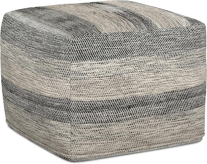 SIMPLIHOME Clay Boho Square Pouf in Grey Melange Cotton for the Living Room, Bedroom and Kids Room