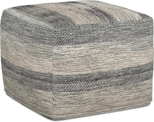 SIMPLIHOME Clay Boho Square Pouf in Grey Melange Cotton for the Living Room, Bedroom and Kids Room