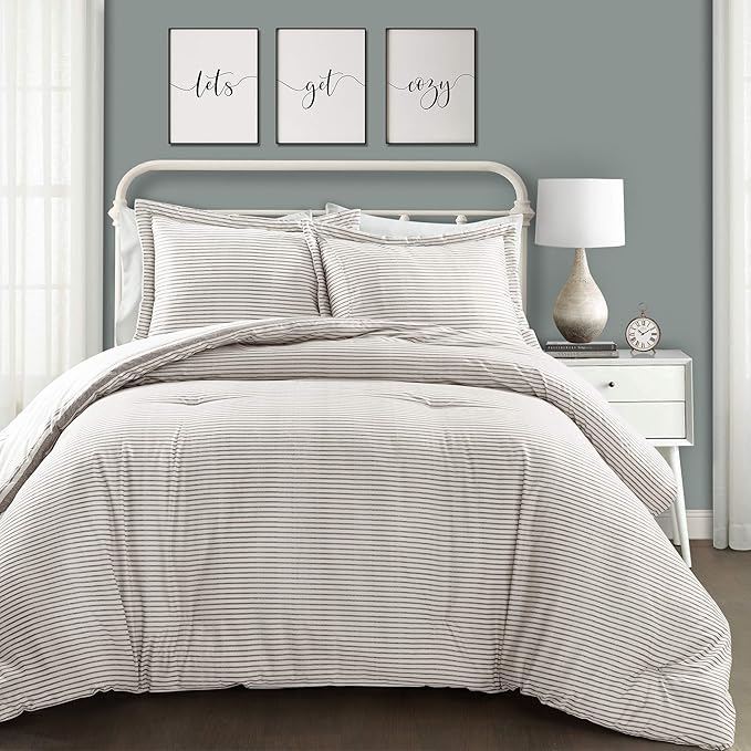 Lush Decor Stripe Reversible Cotton Comforter Set, Cozy Farmhouse Bedding Set, Full/Queen, Gray, 3 Piece Set