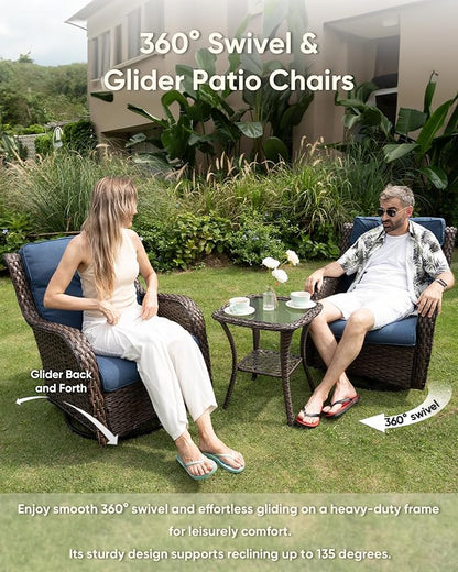 HUMMUH 6-Piece Outdoor Wicker Patio Furniture Set with Swivel Glider Chairs, 3-Seat Sofa & Ottomans 5” Olefin Cushions Ergonomic Neck-Lumbar Backrest All-Weather Rattan for Garden, Deck, Porch