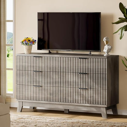Fluted Dresser with 6 Drawers, 54" Wide Modern Chest of Drawers with Metal Handle, Wooden Dresser TV Stand, Wood Closet Clothes Storage Organizer for Bedroom, Living Room, Hallway, Light Grey