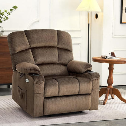 MCombo Oversized Dual Motor Power Lift Recliner Chair Sofa with Massage and Heat for Big Elderly People, Infinite Position, USB Ports, Fabric R7677 (Brown, Medium-Oversize)