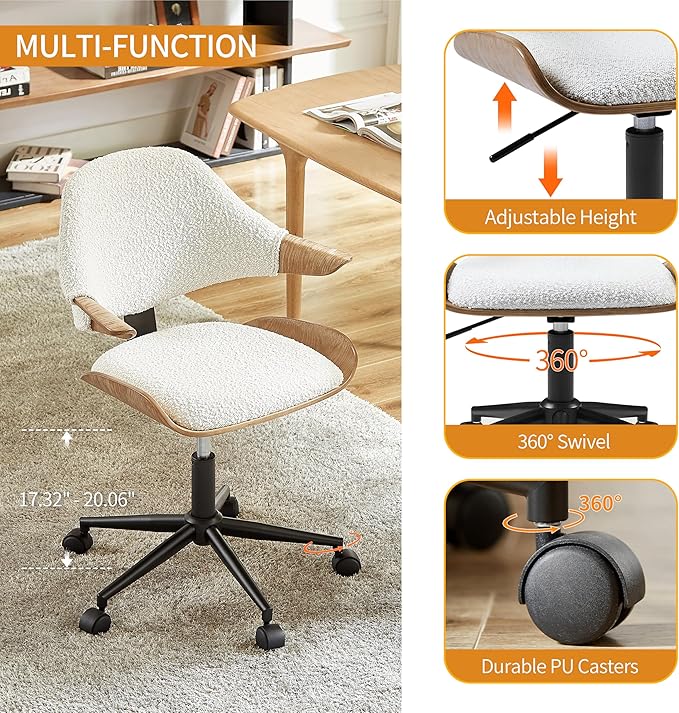 Art Leon Swivel Desk Chair, Mid Century Modern Office Chair with Wheels, Boucle Fabric Upholstered Arm Chair, Adjustable Height Task Chair with Metal Base, Washed Oak Bentwood, White