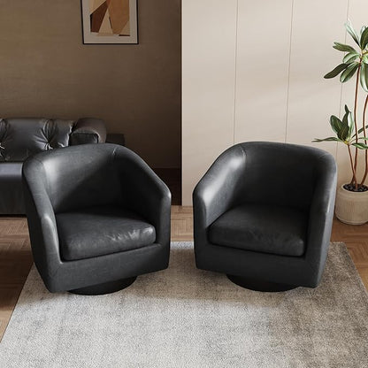 Lumibee Swivel Accent Chairs Set of 2, Faux Leather Swivel Barrel Chairs for Living Room, Modern Comfy Upholstered Round Armchairs Single Sofa Chairs for Bedroom, Club-Black