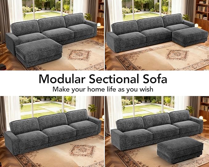 Sunny Heart 120" L-Shaped Modular Sectional Sofa, Oversized Cloud Couch with Movable Ottoman, 4-Seat Chenille Deep Seat Sofa with Pillow, Sectional Couches for Living Room, Apartment, Dark Grey