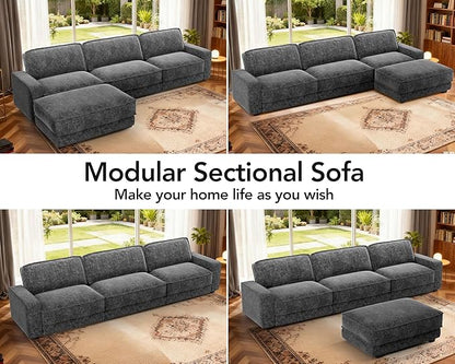Sunny Heart 120" L-Shaped Modular Sectional Sofa, Oversized Cloud Couch with Movable Ottoman, 4-Seat Chenille Deep Seat Sofa with Pillow, Sectional Couches for Living Room, Apartment, Dark Grey