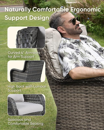 HUMMUH 3-Piece Swivel Rocking Rattan Chair Outdoor, Patio Bistro Furniture Conversation Set, Cushioned Wicker Chair with Glass Side Table(Grey, Beige)