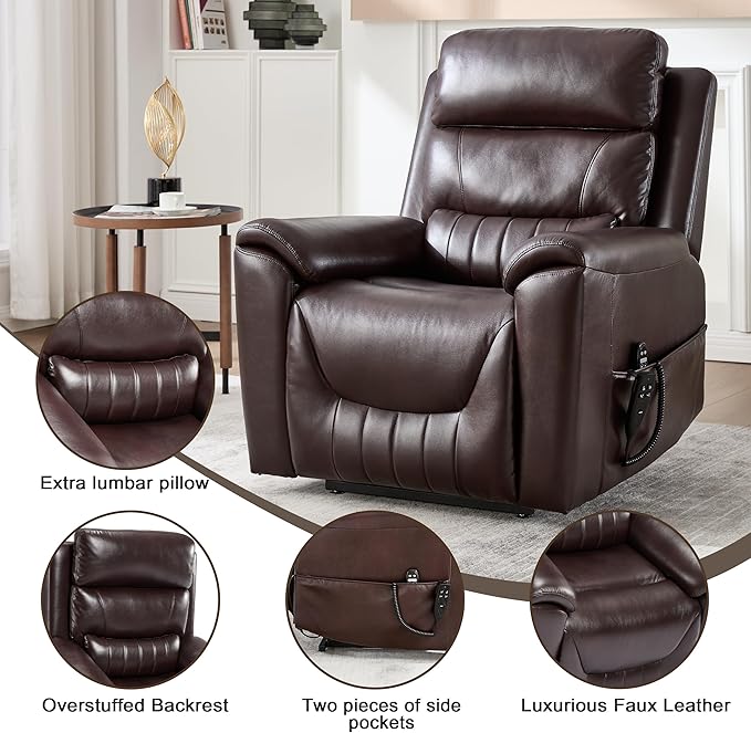 Power Lift Recliner Chair for Elderly People, Dual Motor Lay Flat Recliner with Vibration Massage and Heat, Heavy Duty Motion Mechanism Standing Assistance Reclining Chair, Faux Leather Red Brown