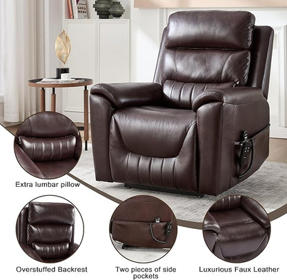 Power Lift Recliner Chair for Elderly People, Dual Motor Lay Flat Recliner with Vibration Massage and Heat, Heavy Duty Motion Mechanism Standing Assistance Reclining Chair, Faux Leather Red Brown