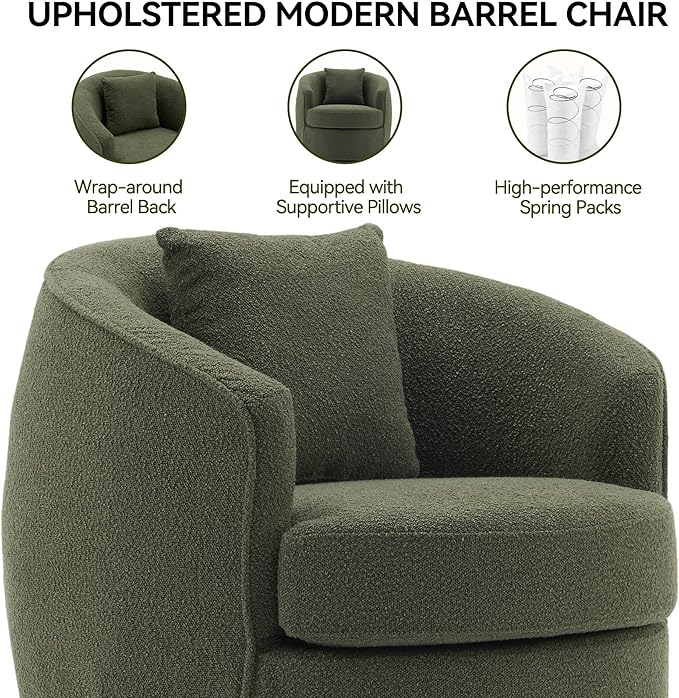 Swivel Accent Chair, Modern Upholstered Boucle Barrel Arm Chairs with Pillow for Living Room, 360 Degree Round Swivel Sherpa Armchair with Round Base for Bedroom Club (1, Green)