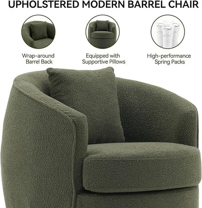 Swivel Accent Chair, Modern Upholstered Boucle Barrel Arm Chairs with Pillow for Living Room, 360 Degree Round Swivel Sherpa Armchair with Round Base for Bedroom Club (1, Green)