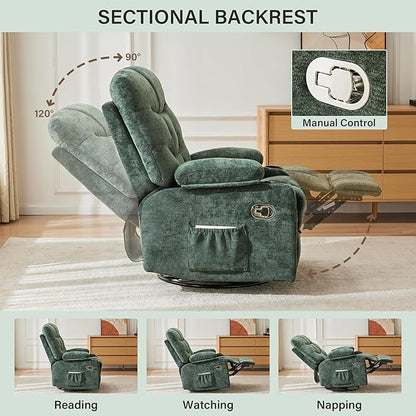 Manual Rocker Recliner Chair, 360°Swivel Recliner Chairs for Adults, Single Recliner Seat with Cup Holders,Upholstered Fabric Lazy Boy Recliner,Green