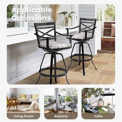 Pellebant 30" Sunbrella Outdoor Bar Stools Set of 2, Aluminum Swivel Patio Bar Height Barstools with Back & Footrest, Tall Barstool Chairs for Deck Lawn Garden, Milano Char