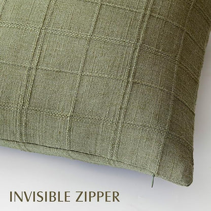 Foindtower Set of 2 Decorative Linen Check Throw Pillow Covers Neutral Farmhouse Vintage Cushion Covers Modern Boho Home Decor for Sofa Chair Couch Bedroom Living Room,16×16 Inch,Sage Green